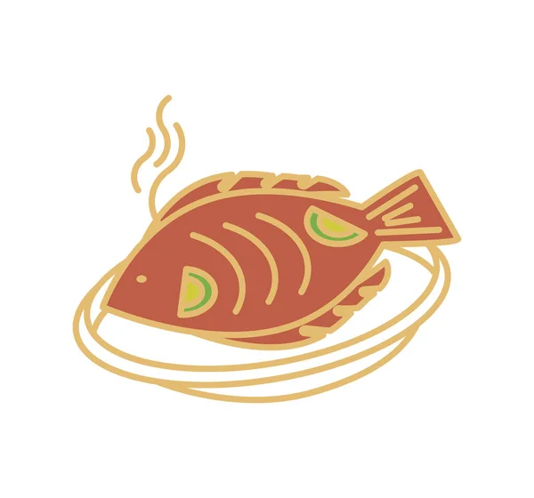 Pescado frito en el plato — Vector de stock