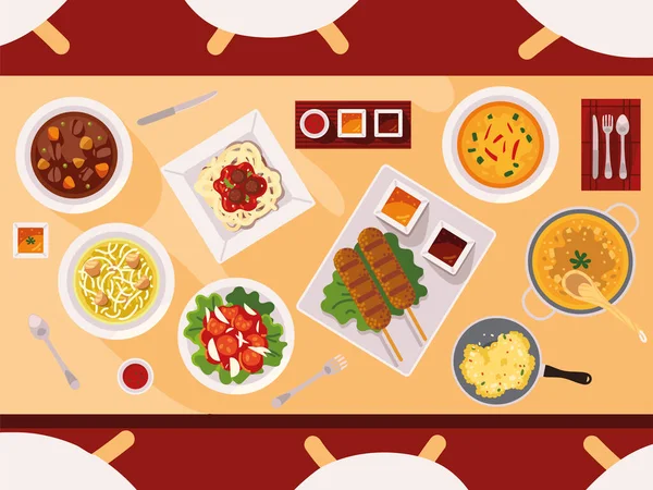 Variedad de alimentos en la mesa común — Archivo Imágenes Vectoriales