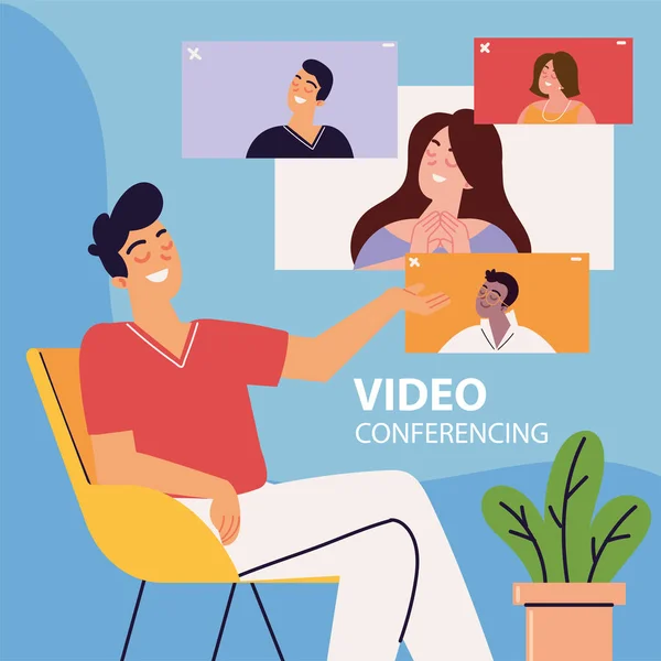 Homme faisant réunion vidéo — Image vectorielle