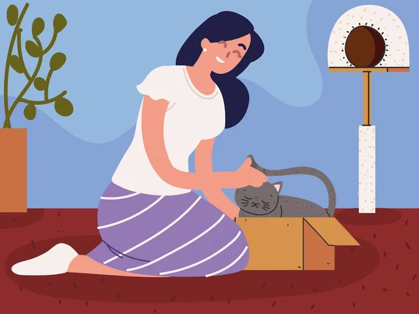Kvinna med katt i huset — Stock vektor