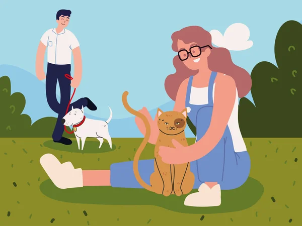 Personas con mascotas en el parque — Vector de stock