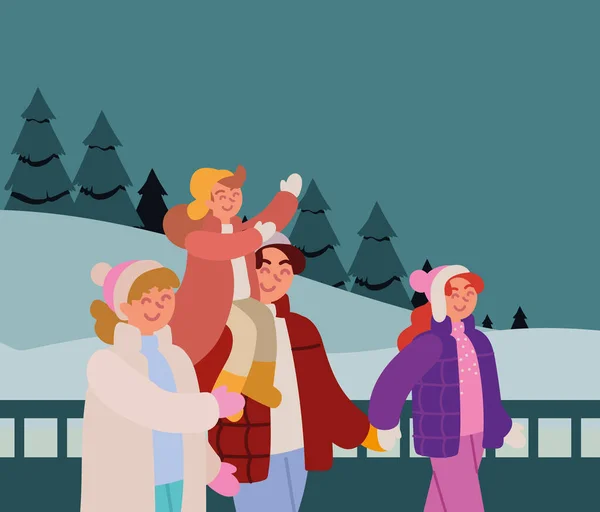Familie wandelen winter scene — Stockvector
