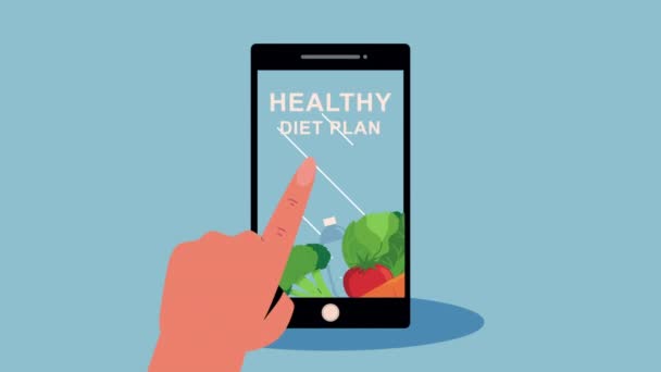 Animação plano de dieta saudável com a mão usando smartphone — Vídeo de Stock