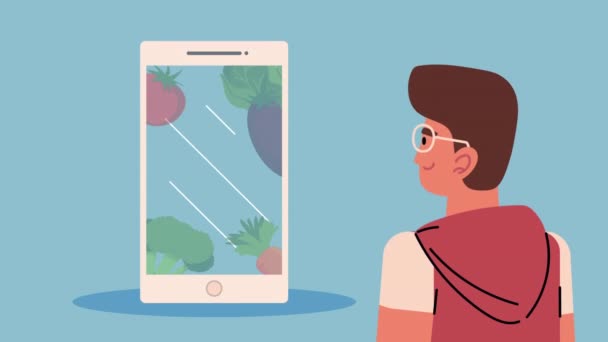 Анимация плана здорового питания с человеком и смартфоном — стоковое видео
