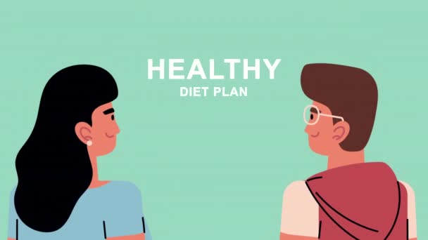 若いカップルとの健康的な食事計画アニメーション — ストック動画