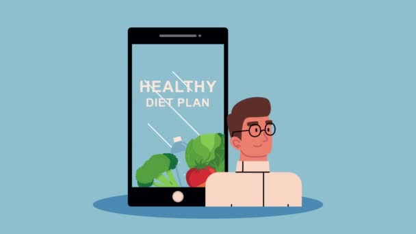 Υγιεινό σχέδιο διατροφής με τον άνθρωπο και τα λαχανικά στο smartphone — Αρχείο Βίντεο