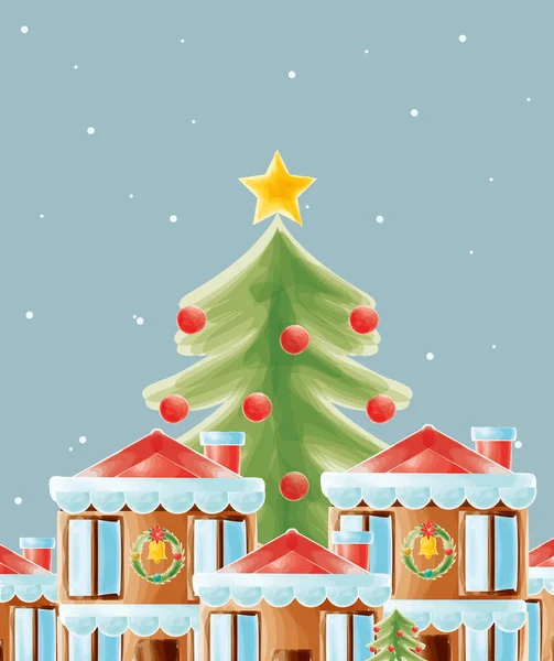Χριστουγεννιάτικο δέντρο και σπίτια — Διανυσματικό Αρχείο