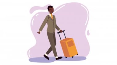 Afro zarif bir gezgin bavul animasyonuyla yürüyor