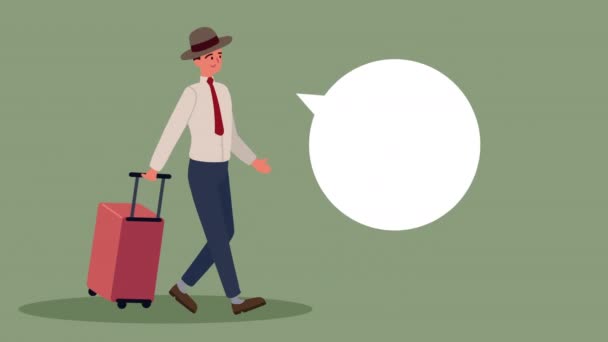 帽子とスーツケースのアニメーションを持つエレガントな旅行者 — ストック動画