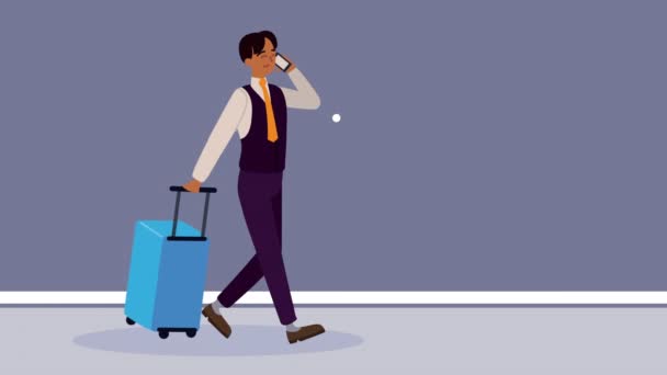 Traveler calling walking with suitcase animation — Stock Video