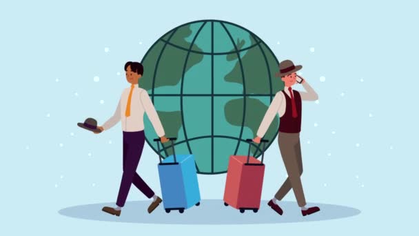 Elegants travelers with suitcases and earth planet — Stock Video