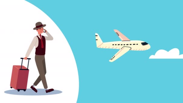 Elegant traveler with airplane animation — Stock Video