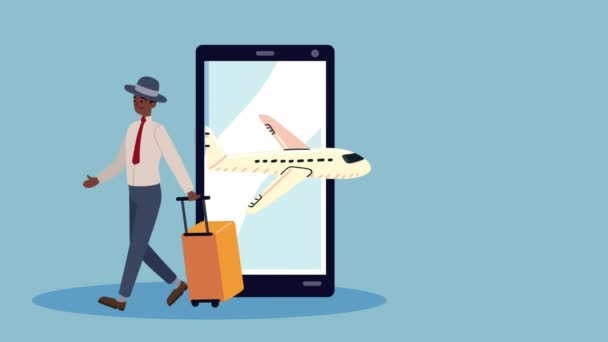 Afro cestovatel s kufrem a letadlem v smartphonu — Stock video