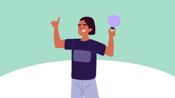 Genç adam ampul kaldıran karakter animasyonu — Stok video