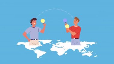 Yeryüzü haritalarında ampulleri olan genç adamlar.