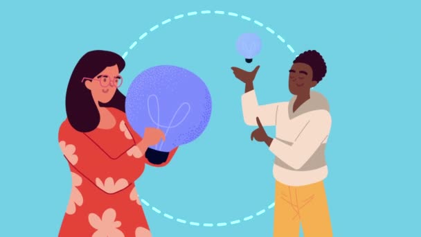 Casal interracial levantando bulbos personagens — Vídeo de Stock