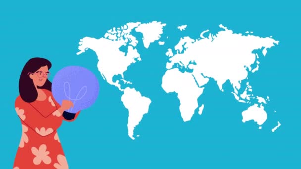 Женщина поднимает лампочку с планеты Земля — стоковое видео