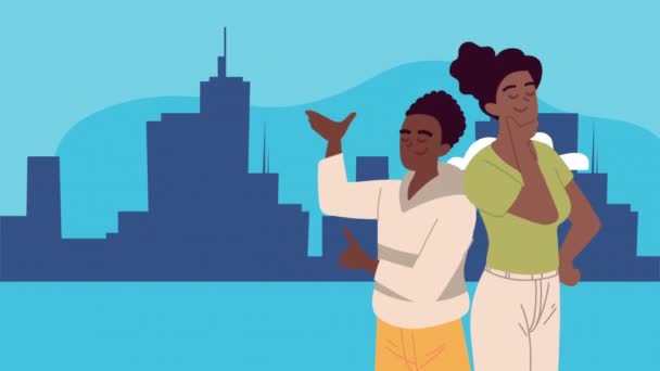 Şehirdeki genç afro çift — Stok video