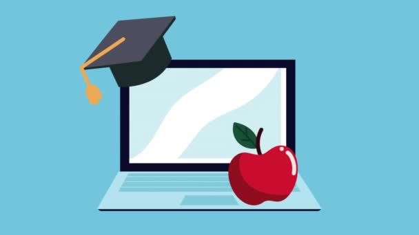 Animation de retour à l'école avec ordinateur portable et chapeau de graduation — Video
