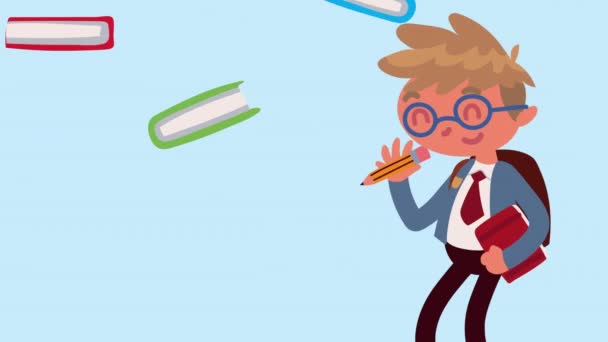 Little student boy with pencil and books animation — Vídeo de Stock