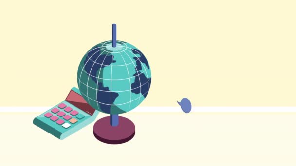 Анимация в изометрическом стиле карты мира и калькулятора — стоковое видео