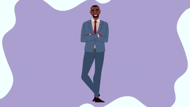 Afro-Geschäftsmann posiert mit Charakteranimation — Stockvideo
