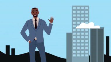 Afro iş adamı ve bina animasyonu