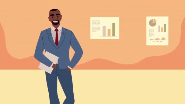 Afro affärsman med dokument scen animation — Stockvideo