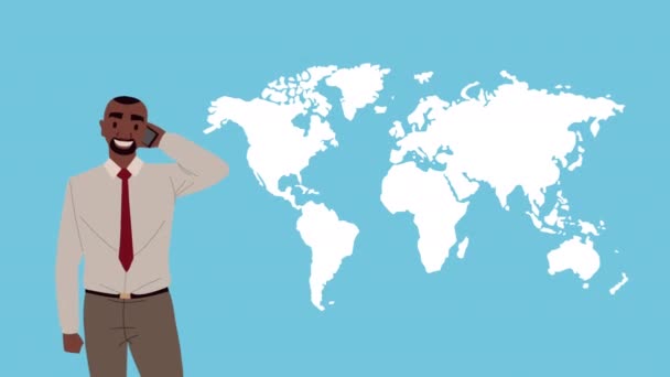 Afro zakenman met wereld planeet animatie — Stockvideo