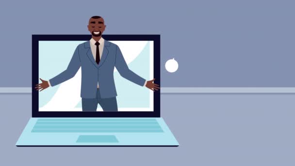 Afro zakenman in laptop animatie — Stockvideo