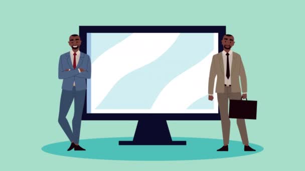 Empresários afro com personagens de desktop — Vídeo de Stock