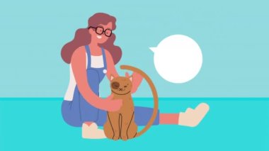 Kadın köpek animasyonuyla konuşuyor.