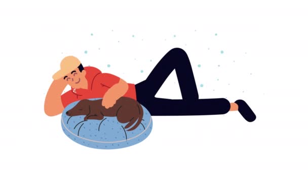 Man lying with dog sleeping animation — Stock Video