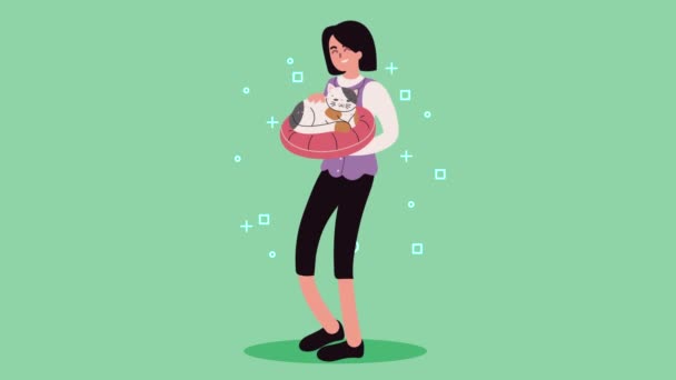 Girl lifting cat mascot animation — Stock Video