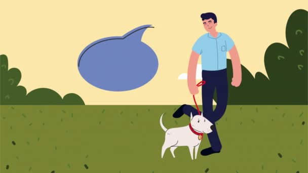 Hombre paseando con el perro en la animación del campamento — Vídeo de stock