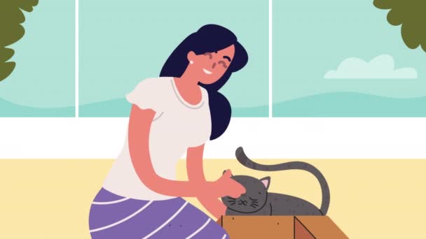 Mujer joven con animación de gato — Vídeo de stock