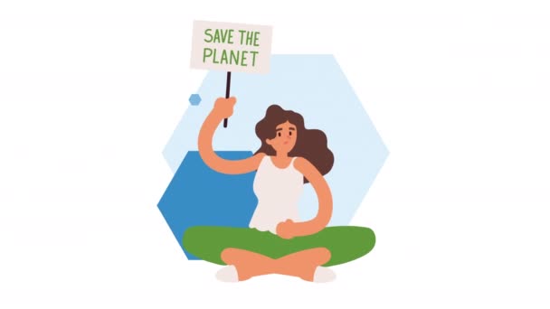 Еколог жінка сидить з банерною анімацією — стокове відео