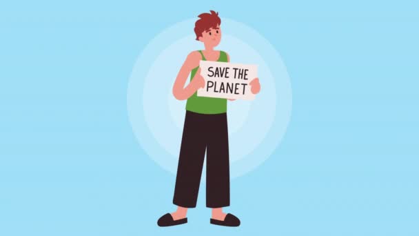 Ecologista mujer con etiqueta carácter animación — Vídeos de Stock