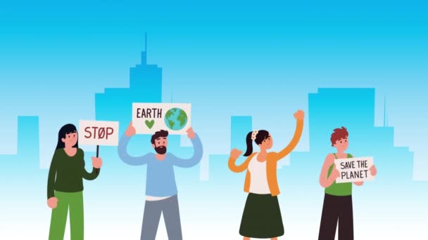 Ecologistas protestando sobre a animação da cidade — Vídeo de Stock