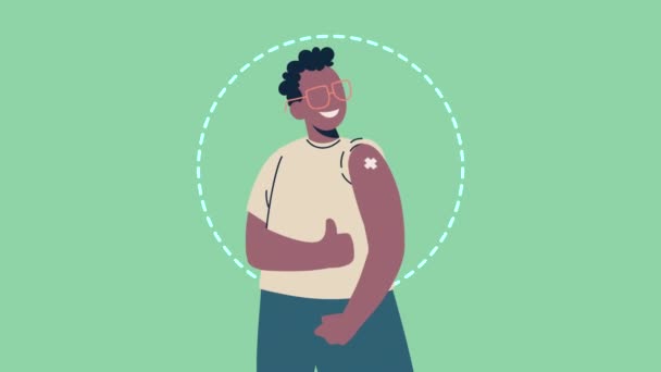 Afro homme heureux vacciné personnage animation — Video