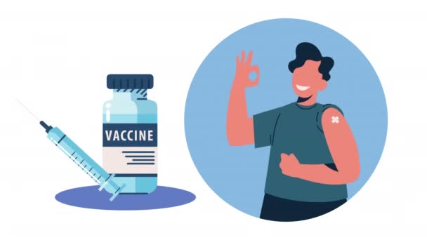 Man vaccinerad karaktär med injektionsflaska och injektion — Stockvideo