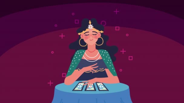 Witch with cards for fortune telling animation — Video Stock