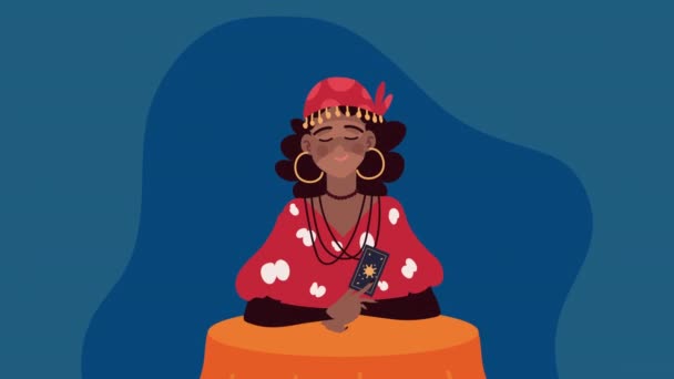 Afro witch with card fortune telling — Stockvideo