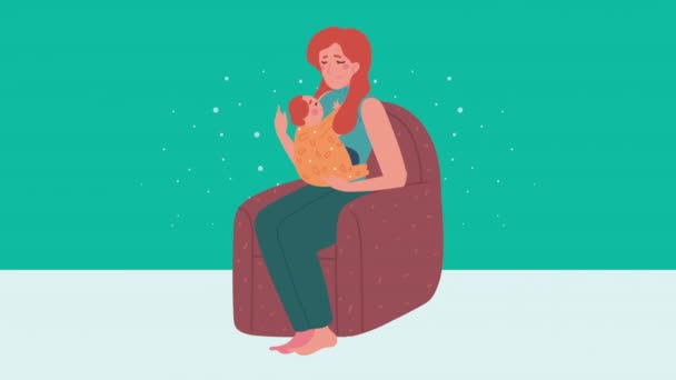 Mother holding baby seated in sofa characters — Stockvideo