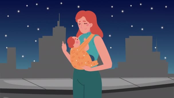 Mère tenant bébé la nuit personnages — Video