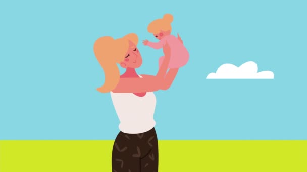 Blond mother holding baby characters scene — Vídeo de Stock