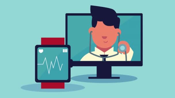 Лікар на стільниці і смарт-годинник анімації здоров'я — стокове відео