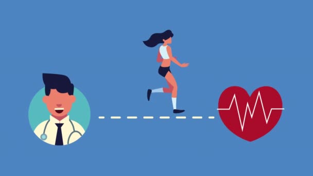Врач и женщина бегают с сердцем кардио — стоковое видео