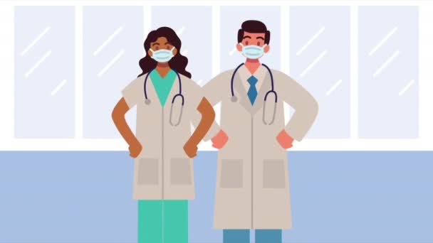 Médicos casal profissionais trabalhadores personagens — Vídeo de Stock