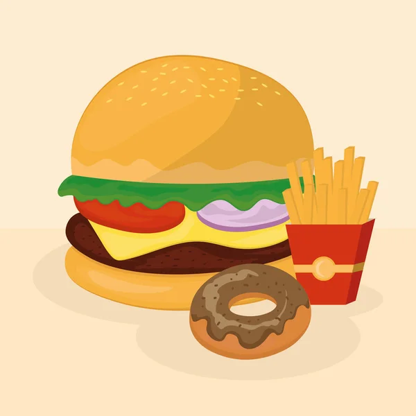 Burger fánk és sült krumpli — Stock Vector